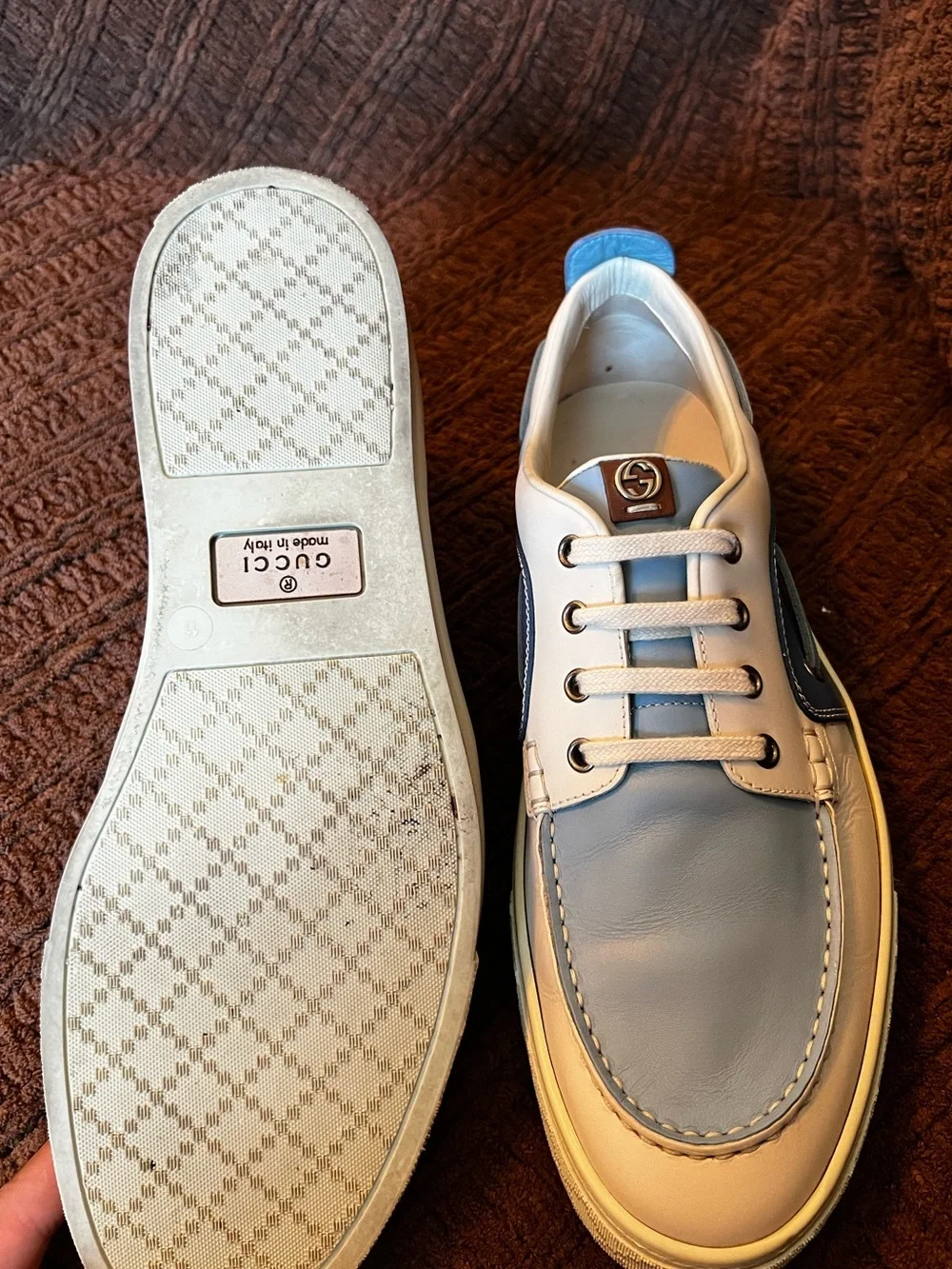 Gucci Blue and Beige Leather Boat Shoe Sneakers
